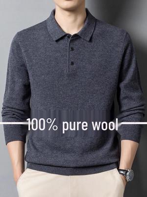 Men's Pure Wool Long Sleeve Sweater - Thickened Lapel Knit for Autumn/Winter