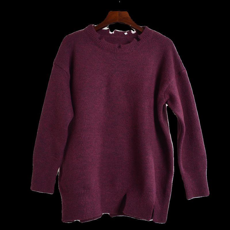 Fall and Winter New Arrival Pullover Round Neck Ripped Long Sleeves Knitting Sweaters Women's Clothing Loose Slimming Sweater Tops Outside