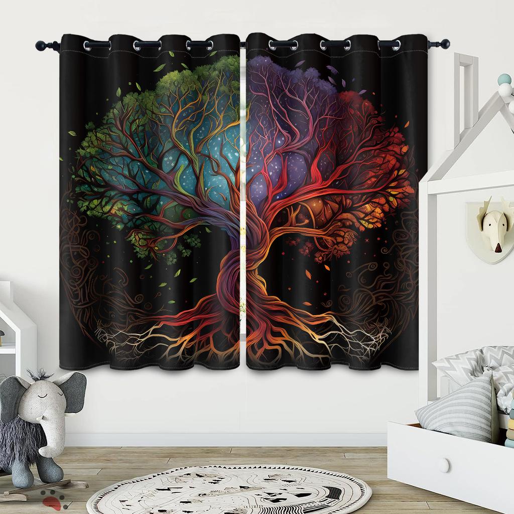 2 Pieces of Tree of Life Pattern Printed Curtains, Decorated In Black Gothic Style for Bedroom and Living Room