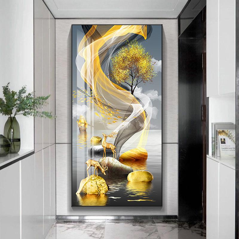 Modern Golden Rich Tree Canvas Painting Wall Art New Chinese Gold Deer Zen Stone Posters for Porch Wall Decoration Room Decor