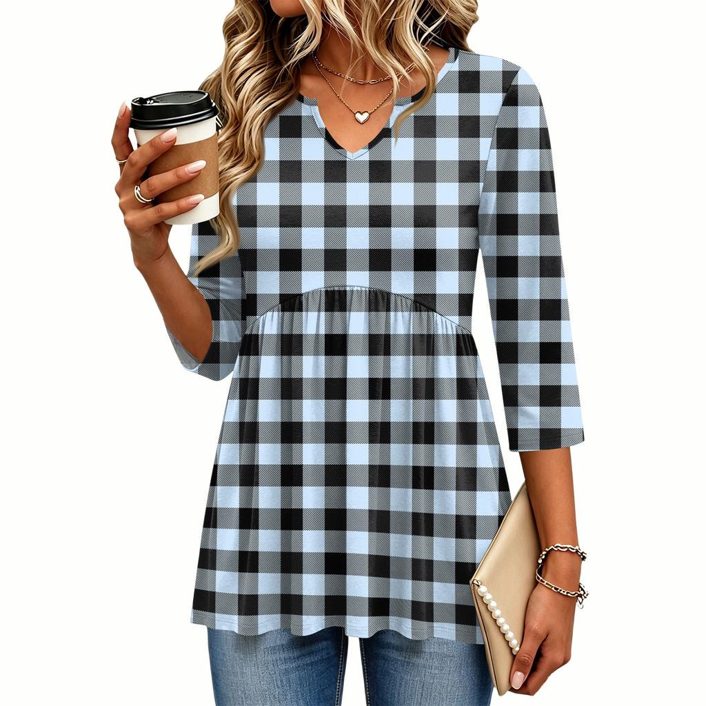 Women's Casual Floral Print V-Neck Three-Quarter Sleeve Blouse for Spring and Summer