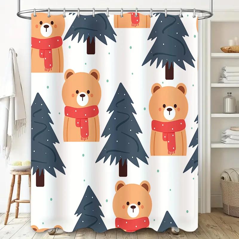 Christmas-themed Shower Curtain with Bear Pine Tree Print for Bathroom Decoration Waterproof Fabric 180x245cm   Blue Editions