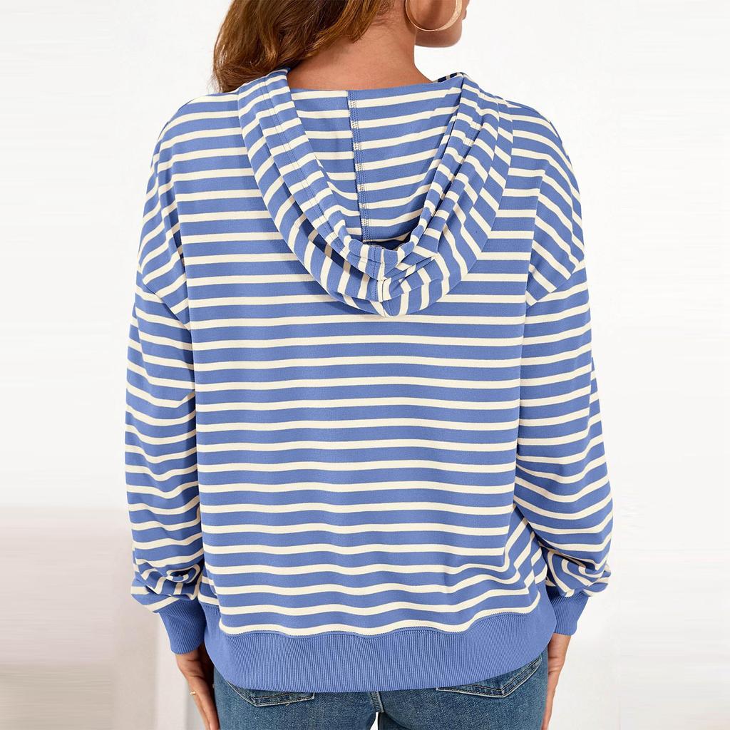 Women's Striped Hooded Sports Casual T-shirt Sweatshirt