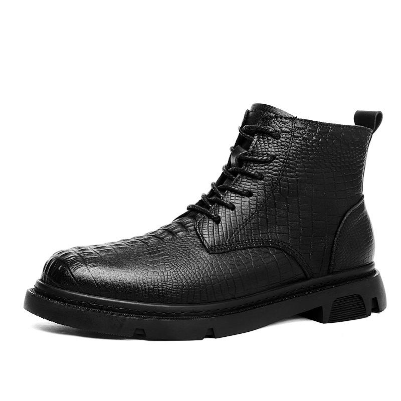 Tooling Boots Men's High-top British Style Men's Shoes Crocodile Pattern Season New Middle-top Velvet Thermal Cotton Martin Boots Shoes Men's