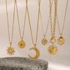 Gold Color Vintage Sun Pendant Necklace Stainless Steel Sun Flower Geometric Neck Chain  Men