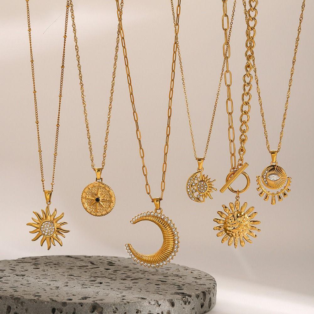 Waterproof Gold Plated Clavicle Chain Stainless Steel Round Charm Pendant Choker  Birthday