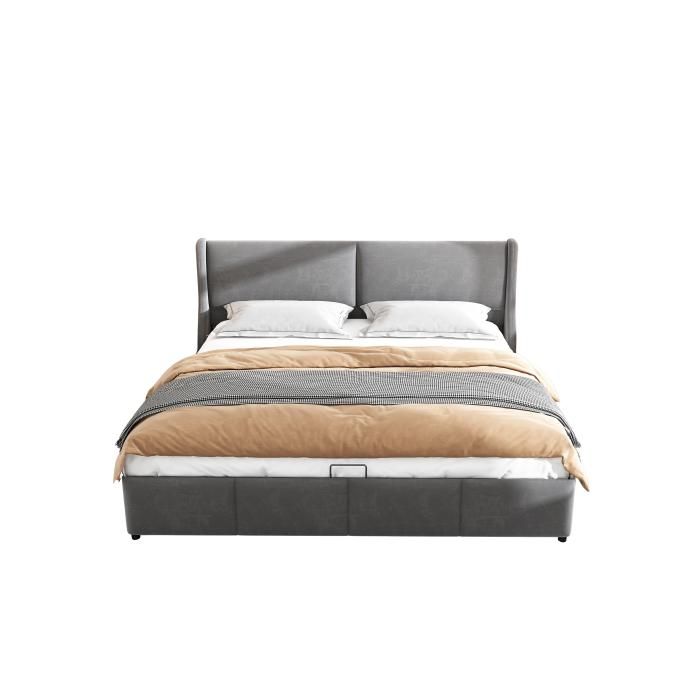 Lit double - MUVOE - 160 x 200 cm - Rembourré - Gris - Coffre de rangement intégré