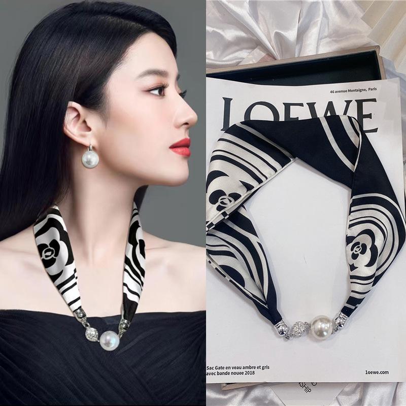 Luxury Design Magnetic Button Summer Silk Scarf Women Magnetic Pearl Necklace Scarves High End Matching Shirt Scarf Lady