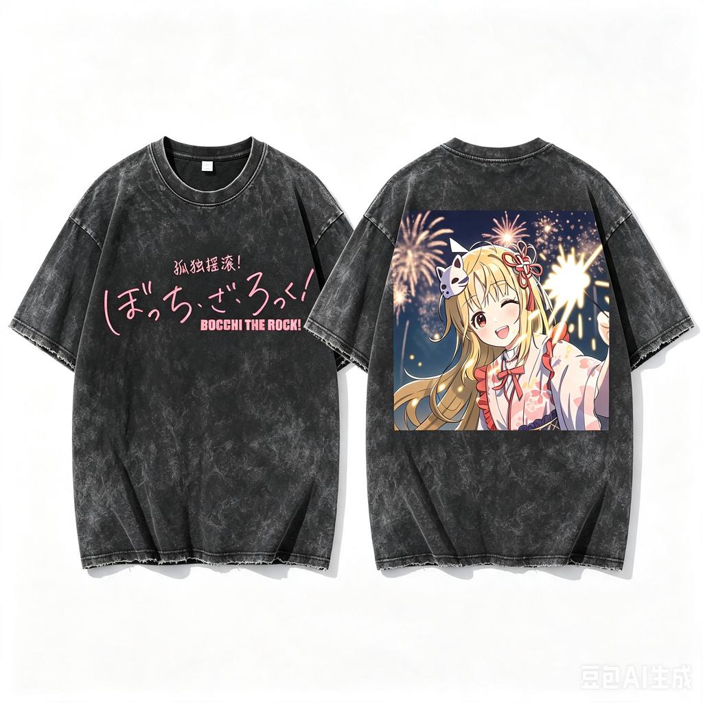 Nijika Ijichi Bocchi The Rock! Fireworks Kimono Double Sided Graphic Washed Crew Neck Short Sleeve Women And Men T-shirt