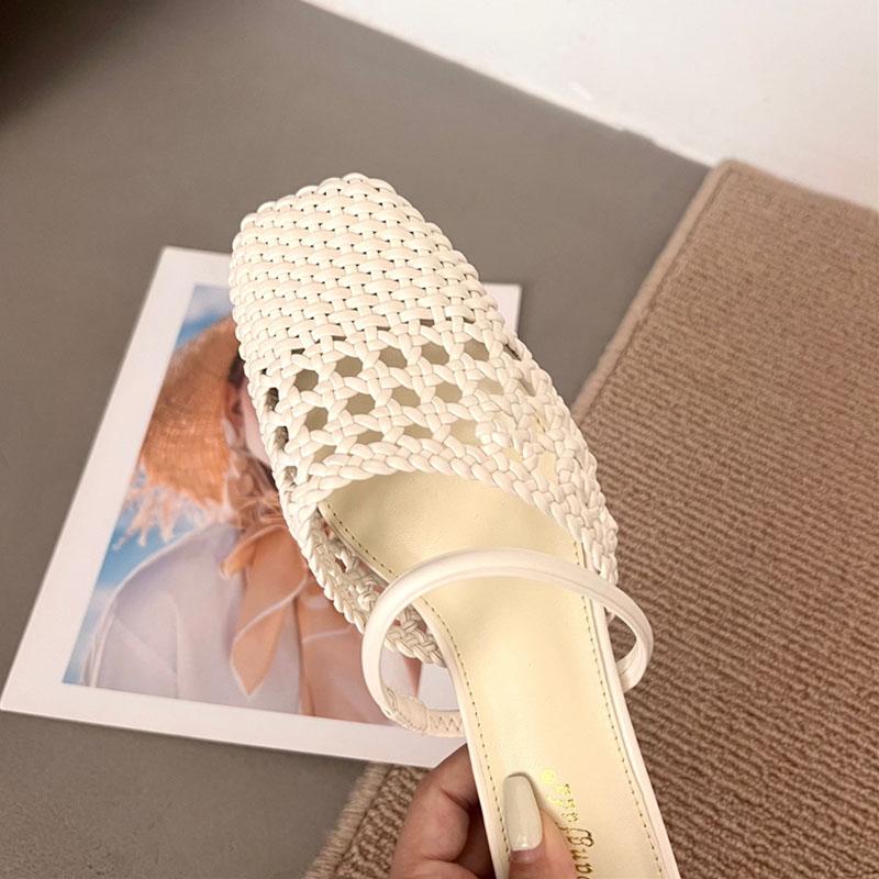 Fashion New In Spring Summer Medium Heels Slippers Shoes For Ladies Fashion Weave Women Heeled Slippers Sandals Female Slides Mules