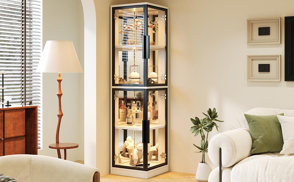 Vitrinen-Schrank mit Glas 44 × 42 × 164 cm, Spiegelrückwand, beidseitig verglast, LED-Beleuchtung Farbwechsel, Sammlerstücke, Bücher, Wein & Dekoration, Weiß