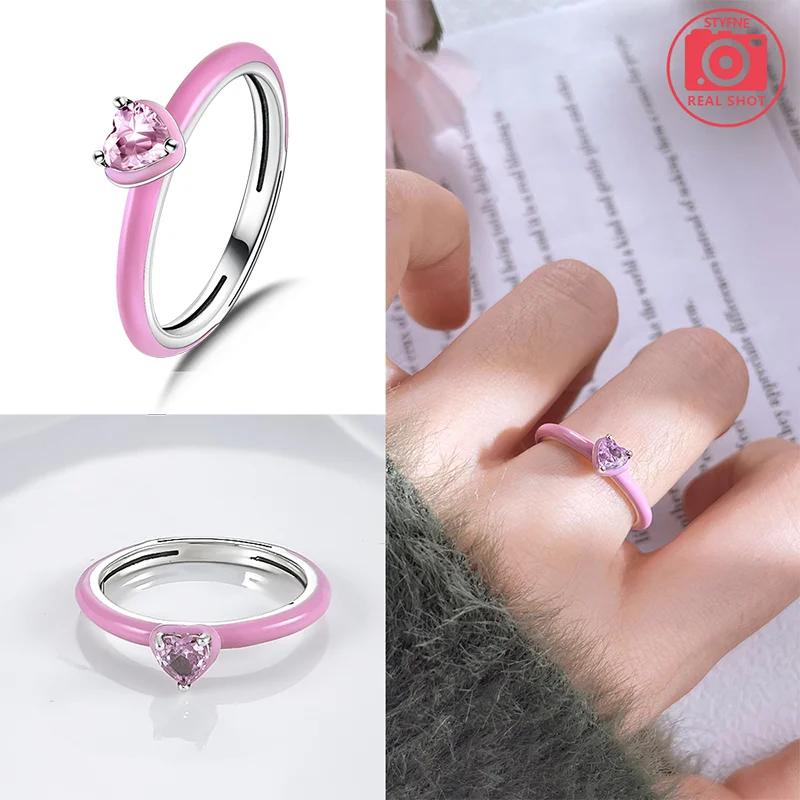 Den svatého Valentýna 925 Sterlingového stříbra Černý & Růžový Srdce Lesklé Zirkonové Prsteny Trendy Prsten pro Ženy Dárek Lásky DIY Jemné Šperky