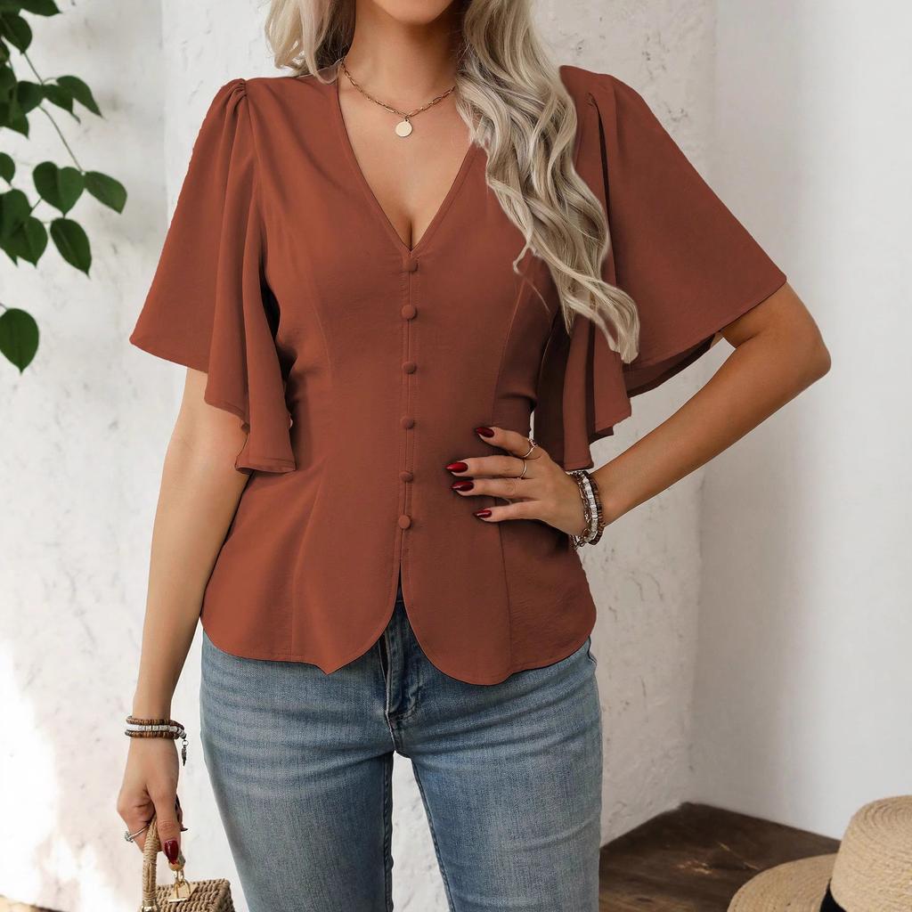 Fashionable and Elegant Deep V-neck Solid-color Single-button Belted Ladies' Short-sleeved Top