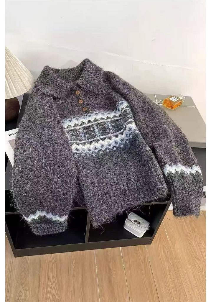Women's Fair Isle Polo Collar Sweater - Autumn/Winter 2026 Soft Knit Pullover