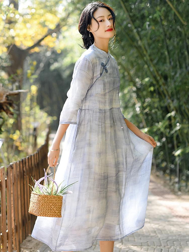 Johnature Chinesischen Stil Frauen Kleid Stehen Taste Halbe Hülse Frühling Vintage Frauen Kleidung Ramie Hohe Qualität Kleider