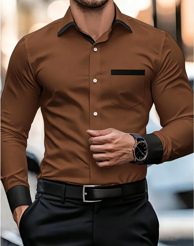 Men's Wrinkle Free Long Sleeve Shirt, Stretch Slim Fit Contrast Collar Luxury Commute Business Casual Shirt for Young Men