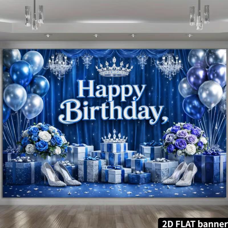 2D Queen Themed Blue Silver Birthday Backdrop Banner Glam Women's Party Decor Background