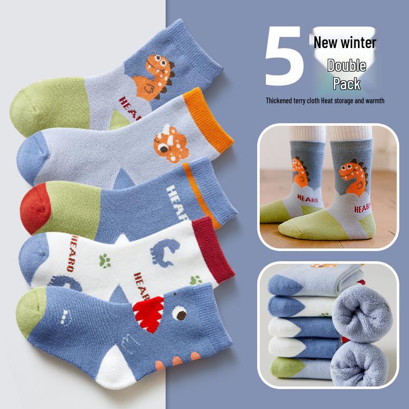 Children's Thickened Warm Cotton Dinosaur Terry Socks - Mid-Calf Length for Boys and Girls