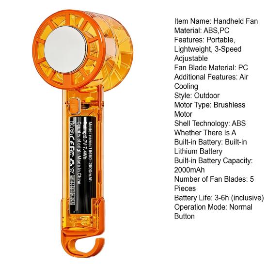 Portable Handheld Fan Rechargeable Cooling Fan Battery Operated Personal Fan with 3-Speed Adjustable