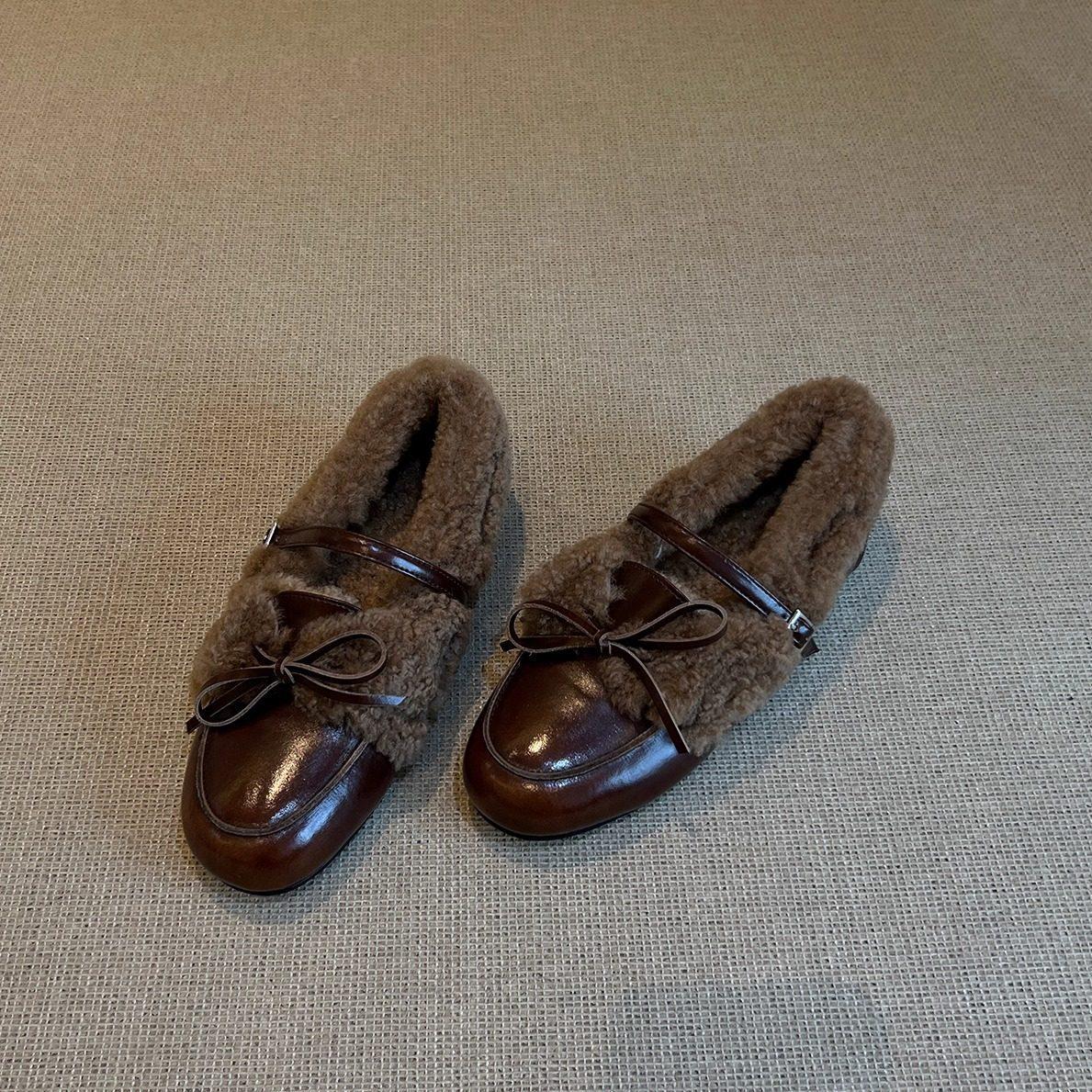 

Fleece warm bow with Mary Jane fluffy shoes flat shoes 40 коричневий