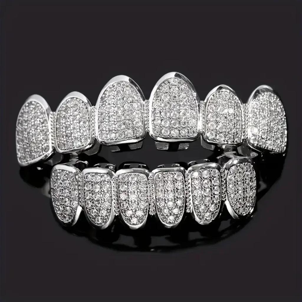 HipHop CZ Teeth Set For Unisex Top Bottom Mouth Gold  Color Teeth Tooth Cap Removable Dental Fashion Jewelry