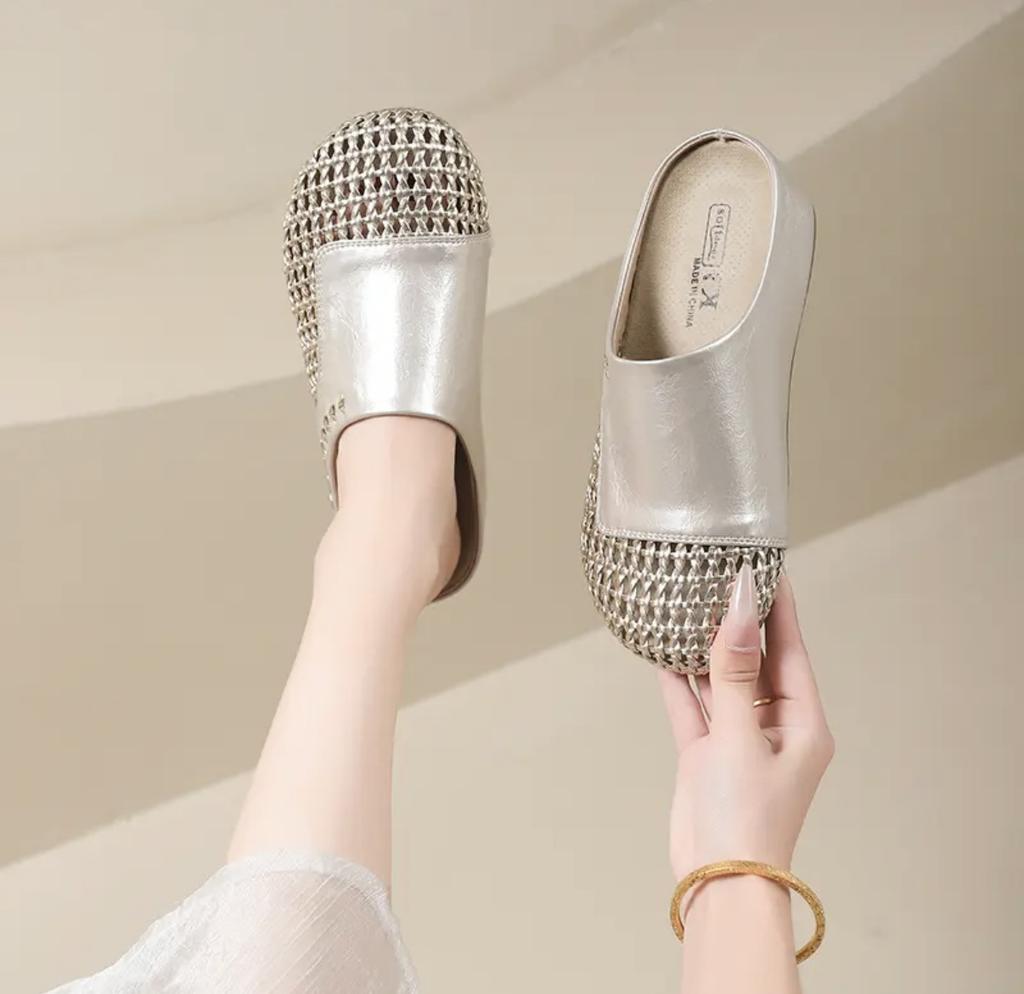 French bag head slippers summer new hole shoes hollow Roman mesh shoes one pedal sandals popular wedge heel women's shoes