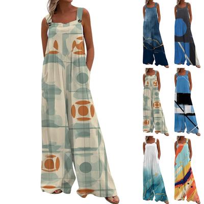 Womens Overalls Casual Print Wide Leg Jumpsuits Bib Rompers Sleeveless Straps With Pockets Outfits