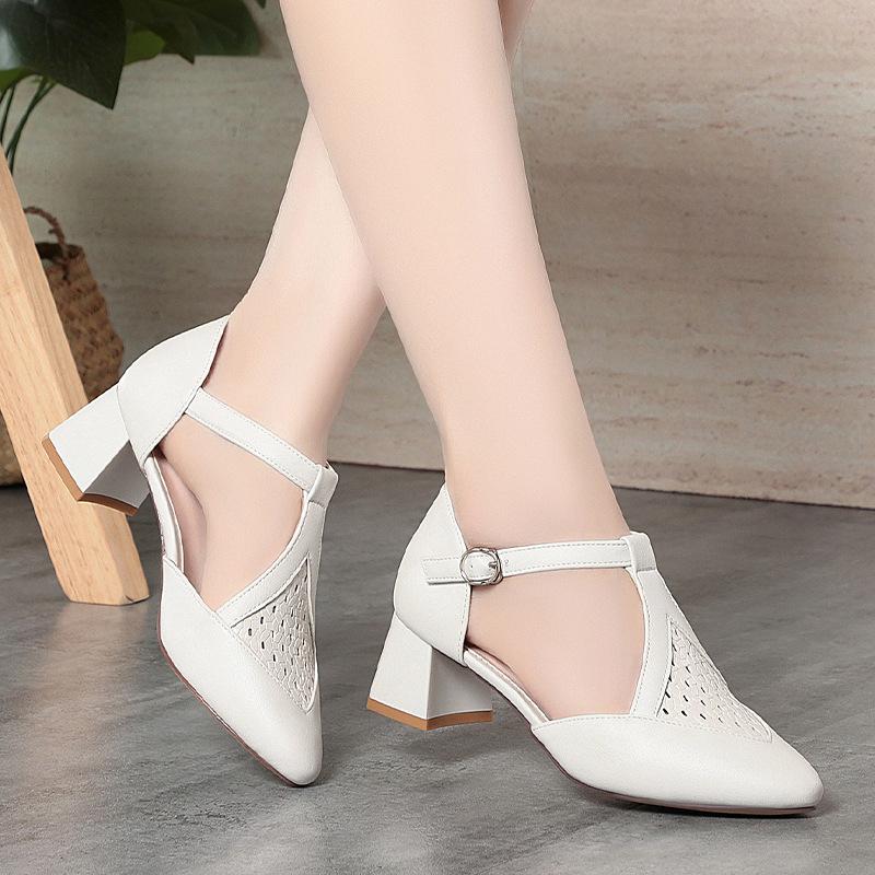 Fashion Baotou Sandals For Women In Summer 5cm Pointed Toe Woven Hollow Shallow Mouth T-Buckle Thick Heel Commuting Single Shoes Fashion