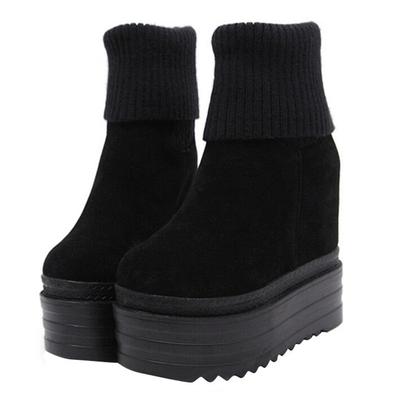 2024 Winter Women Wedges Ankle Boots High Top Booties Platform Thick High Heel Shoes Black Casual Knitting Boots