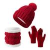 3Pcs/Set Winter Knitted Scarf Gloves Set Pom Pom Ball Fleece Lining Brimless Hat Touchscreen Gloves Neck Warmer Set