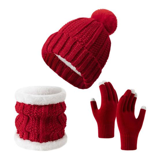 3Pcs/Set Winter Knitted Scarf Gloves Set Pom Pom Ball Fleece Lining Brimless Hat Touchscreen Gloves Neck Warmer Set