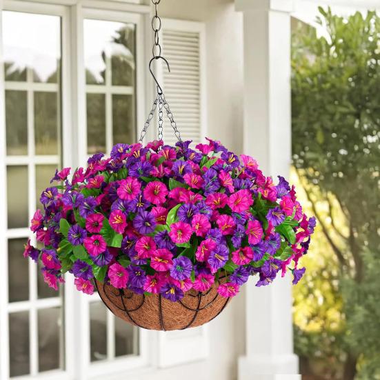 Artificial Hanging Fake Flowers with Basket Outdoor UV Resistant Faux Silk Morning Glory Vines Plants for Porch Patio Garden Balcony Yard Spring