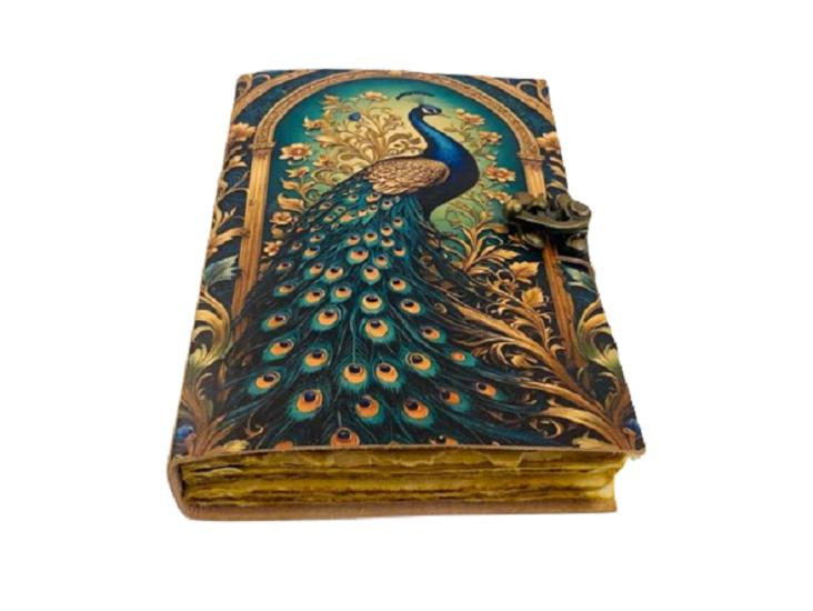 Handmade Leather Journal 5x7 – Peacock Floral Design, 200 Pages, Vintage Style Notebook, Artisan Writing Diary Gift