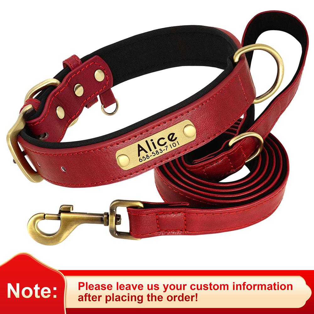 Personalized Dog Collar Leash PU Leather Dogs Collars Pet Rope Engraved Pet ID Name Necklace for Small Large Dogs Soft Padded