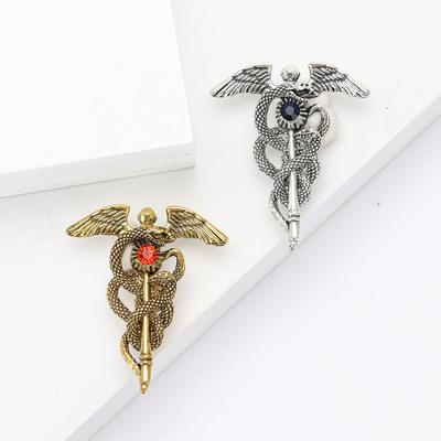 Vintage Alloy Angel Wings Snake Staff Brooch New Creative Chest Flower Accessory