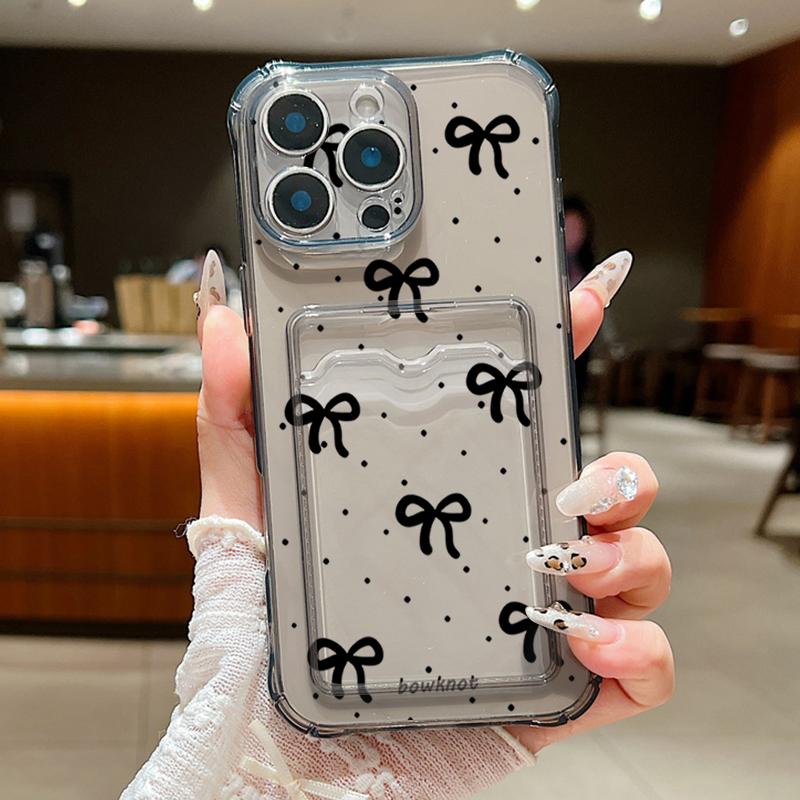 

Чехол для телефона с цветным бантом и слотом для карт для iPhone 16 Pro 15 14 13 12 Pro Max 11, ударопрочный, прозрачный, мягкий, из ТПУ, тонкий чехол для защиты объектива iPhone 15 Pro Max серый