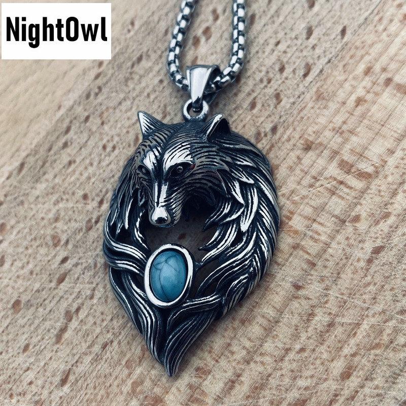 Cool Mens Stainless Steel Turquoise Wolf Head Pendant Necklace For Men Women