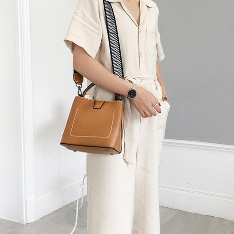 Fashi Bucket Bag, Simple Handbag, Leather Hundred Shoulder Crossbody Bag, Head Layer Cowhide Women's Bag