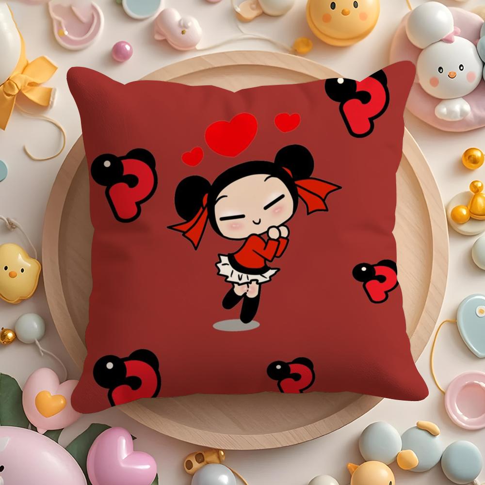 Kawaii P-Pucca Anime Cushion Cover Plush Fabric Soft Double-Sided Printed Sofa Pillow Case Colorfast Home Decor Gift