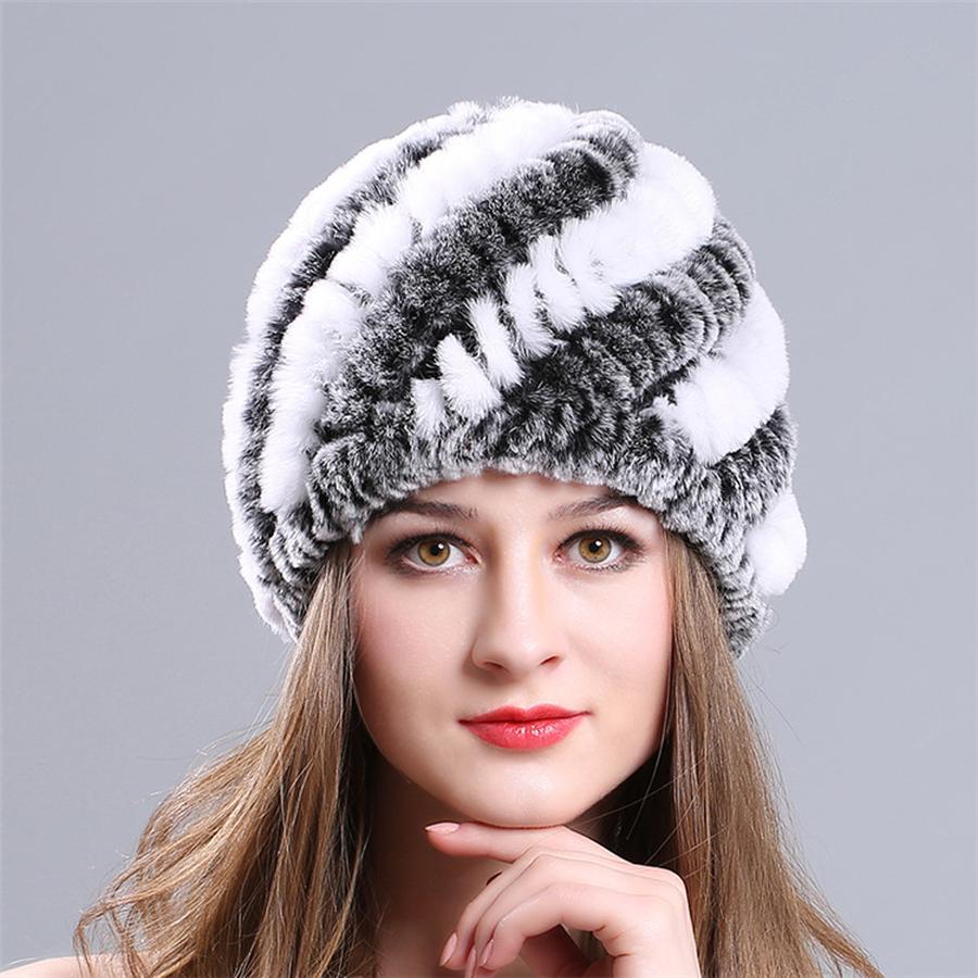 New Knitted Rabbit Fur Spiral Hat for Elderly Women Winter Thick Warm Pineapple Hat