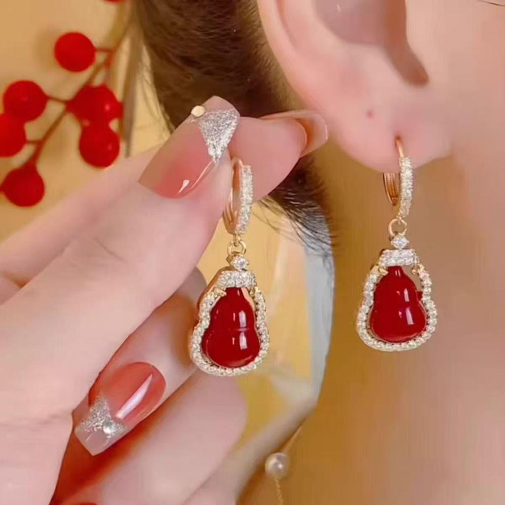 Chinese Red Gourd Earrings: Symbol of Fortune & Prosperity, Luxurious High-End Design, Stylish Ear Adornments for Women