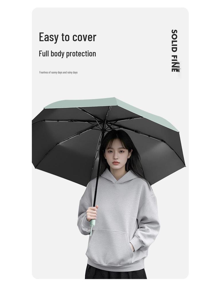 Three-fold Automatic Black UV Protection Umbrella with Double Rib and Wind Resistance for Rain and Shine