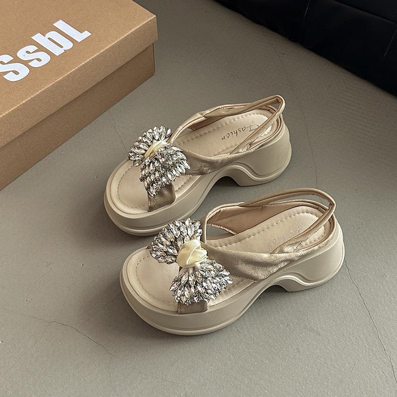 Fairy style casual temperament thick-soled slope heel cool slippers female summer bow versatile rhinestone fashion beach sandals