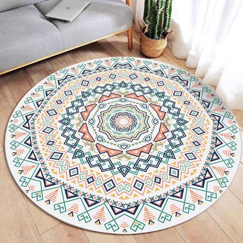 Retro Ethnic Style Round Carpet Mandala Pattern Print Floor Mat Home Decor Anti-slip Rug for Living Room Bedroom Teapot Etc