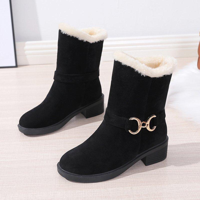 2025 Autumn and Winter Thick Heel Velvet Warm Snow Boots Women's Short Boots Wish Foreign Trade Fashion Simple Suede Thickened Cotton Shoes