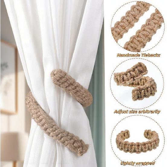 4 Pack Braided Curtain Tiebacks, Farmhouse Boho Rustic Holdbacks, Handmade Decor Accessories for Home Office Bedroom Window Drapes (4, Natural)