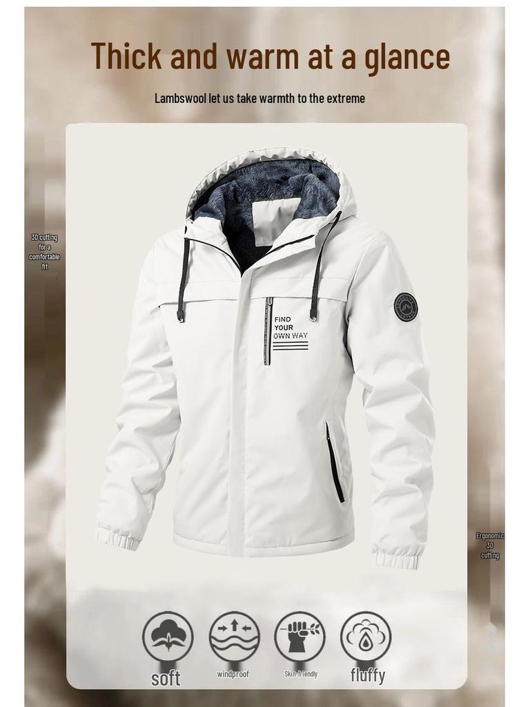 Men's Outdoor Windbreaker Jacket - Fleece Lined Hooded Coat for Autumn/Winter, Solid Color
