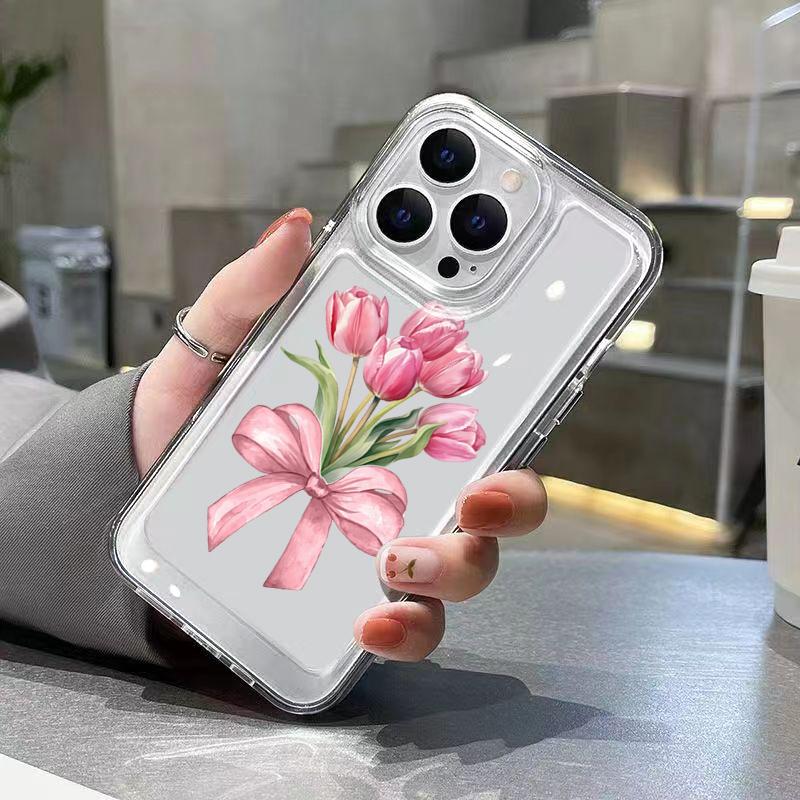 Trendy Pink Tulip Bow Clear Phone Case For iPhone 17 16 Pro Max 15 14 Plus 13 12 11 XS X XR 7 8 Plus 16E 17 Air Protective Cover