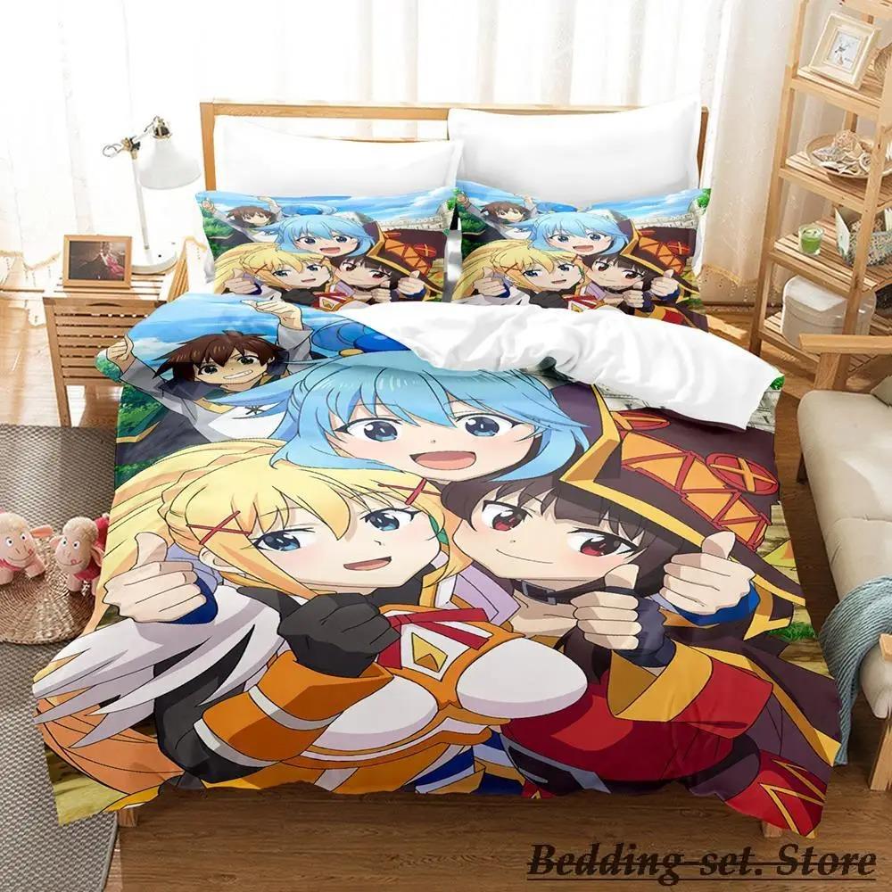 KonoSuba Bedding Set Cartoon Anime Three-piece Set Adult Kid Bedroom Duvetcover Sets 3D Kawaii Girls Lit 2 Personnes