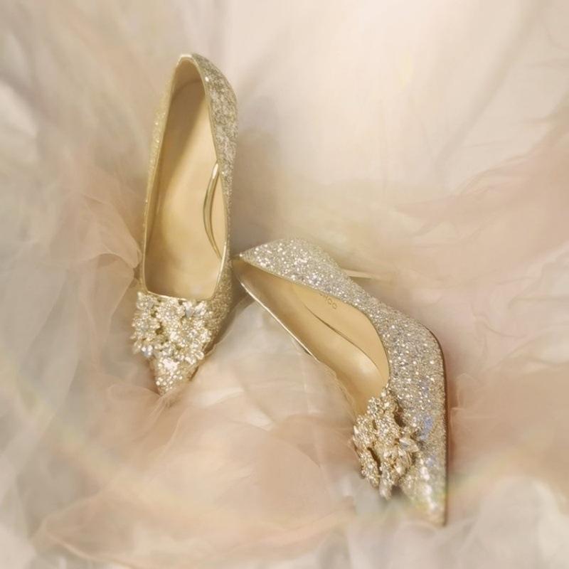 2025 new Xiuhe wedding dress two wear crystal shoes bride shoes women champagne high heels not tired feet rhinestone wedding shoes